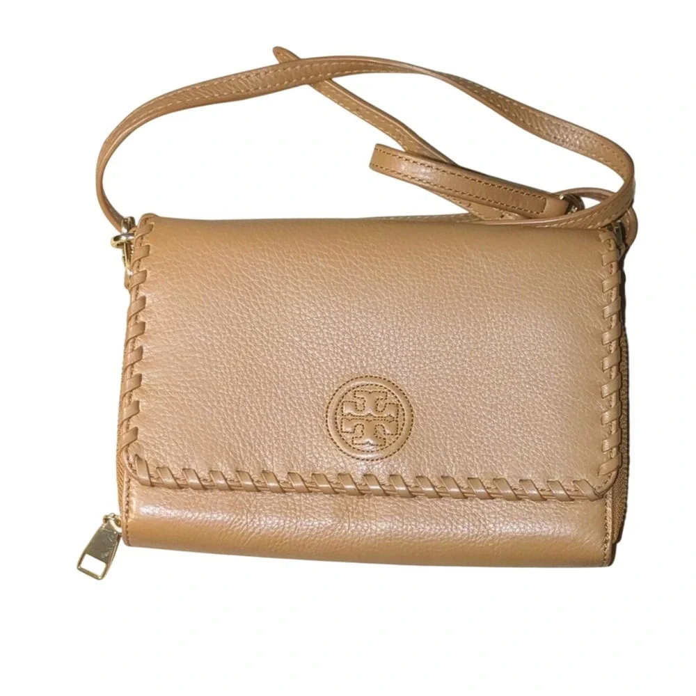 Tory Burch Miller Wallet on Chain Tan Pebble Leather Whipstitch Crossbody Bag